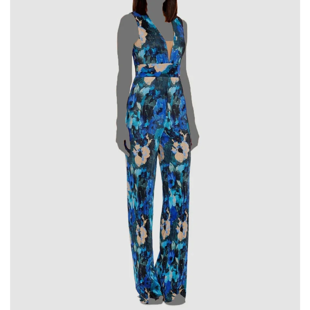 Dress The Population Women's Blue Illusion Plunge Hunter Jumpsuit Size L - Picture 2 of 4